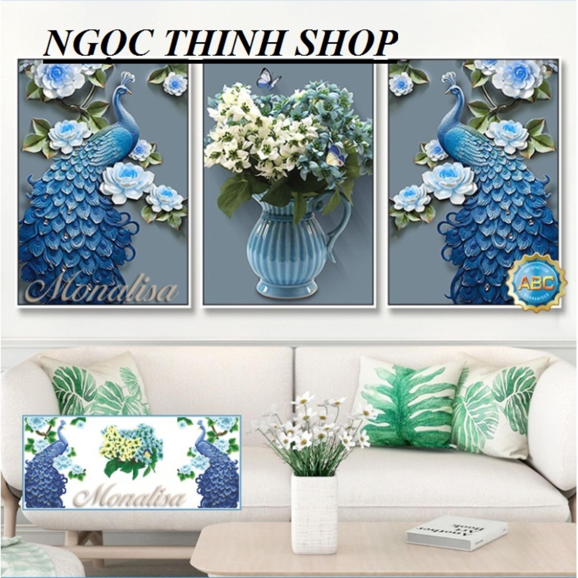 Tranh đính đá cao cấp bộ 3 chim công và hoa y8186 150x70cm