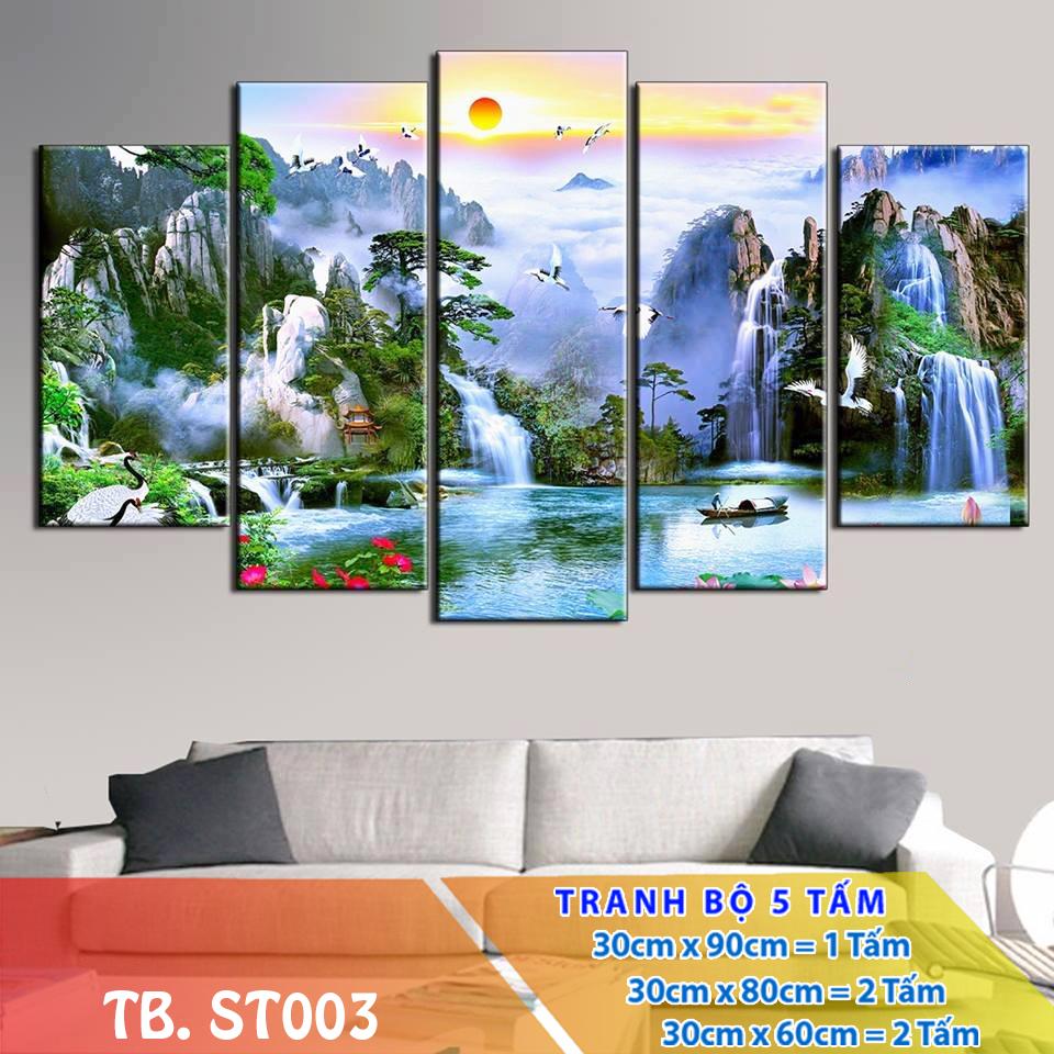 [Sale] Tranh Treo Tường Thác nước sơn thủy ST910058- Tranh gỗ treo tường 3D [5 tấm rộng 1,5m cao 0,9m] SuperDecor