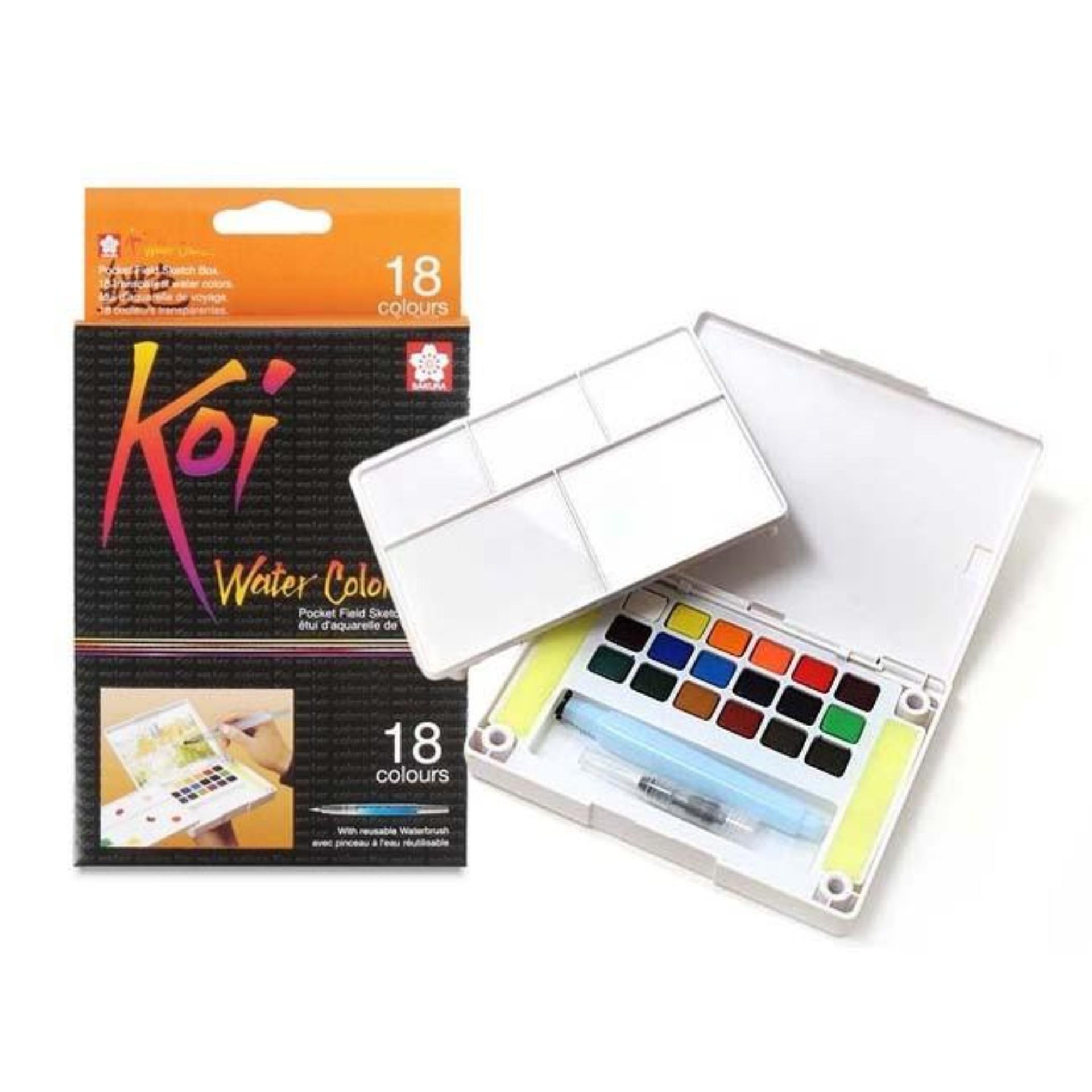 [HCM][TẶNG 10 TỜ GIẤY VẼ MÀU NƯỚC 300 GSM HAPPY A6] - MÀU NƯỚC SAKURA KOI DẠNG NÉN 18 MÀU (KÈM BẢNG PHA MÀU VÀ CỌ NƯỚC DÀI)
