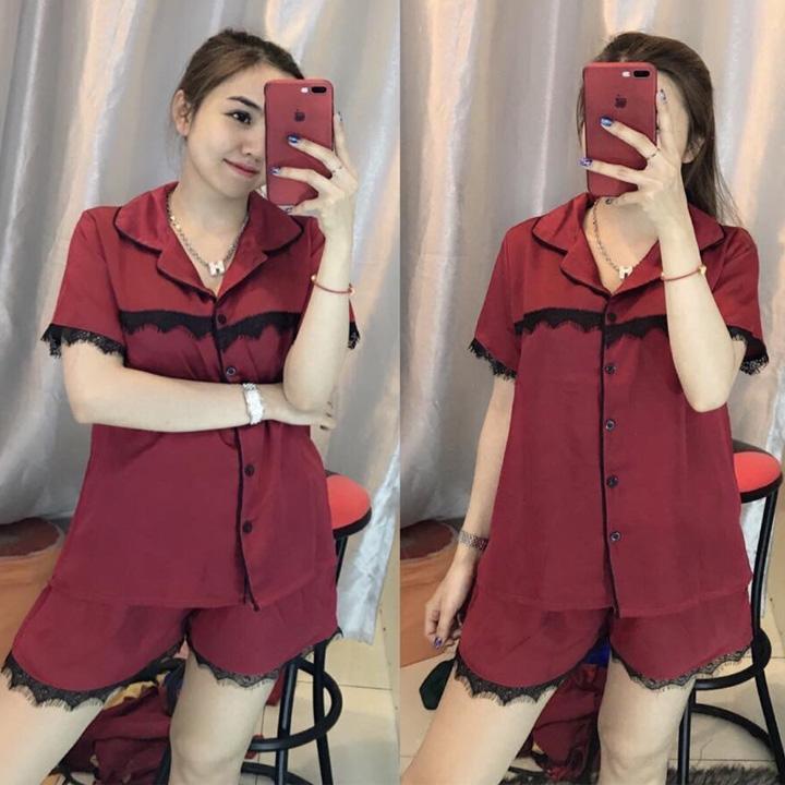 Đồ Bộ Nữ Quần Đùi Mặc Nhà Chất Phi Bóng Phối Ren