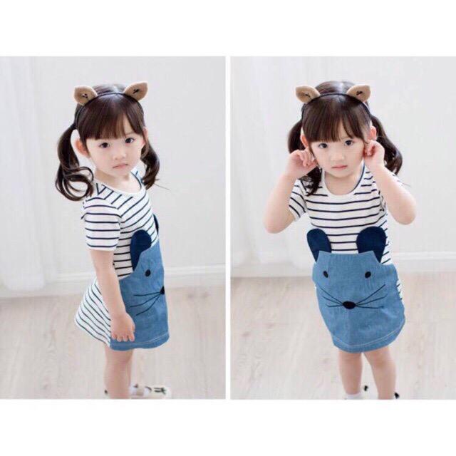 Đầm Sọc Thun Cotton Đắp Nổi Cho Bé Gái
