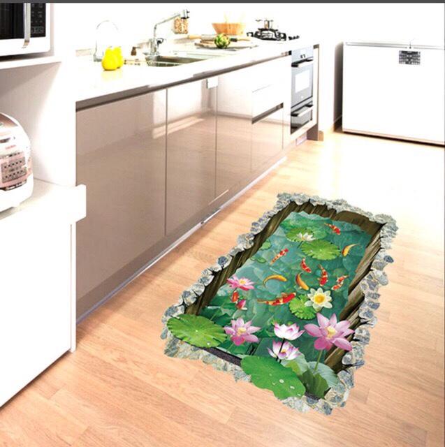 decal dán tường 3D hồ sen cá