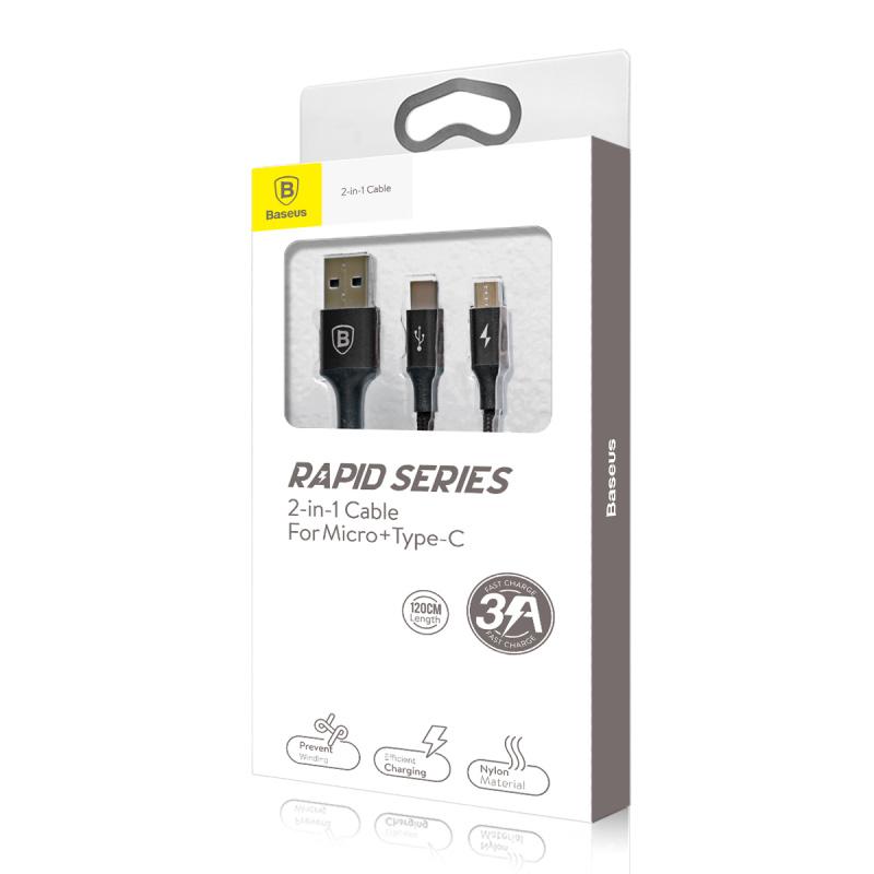 Cáp sạc 2 đầu (Micro USB + Type C) 3A - Hiệu basus