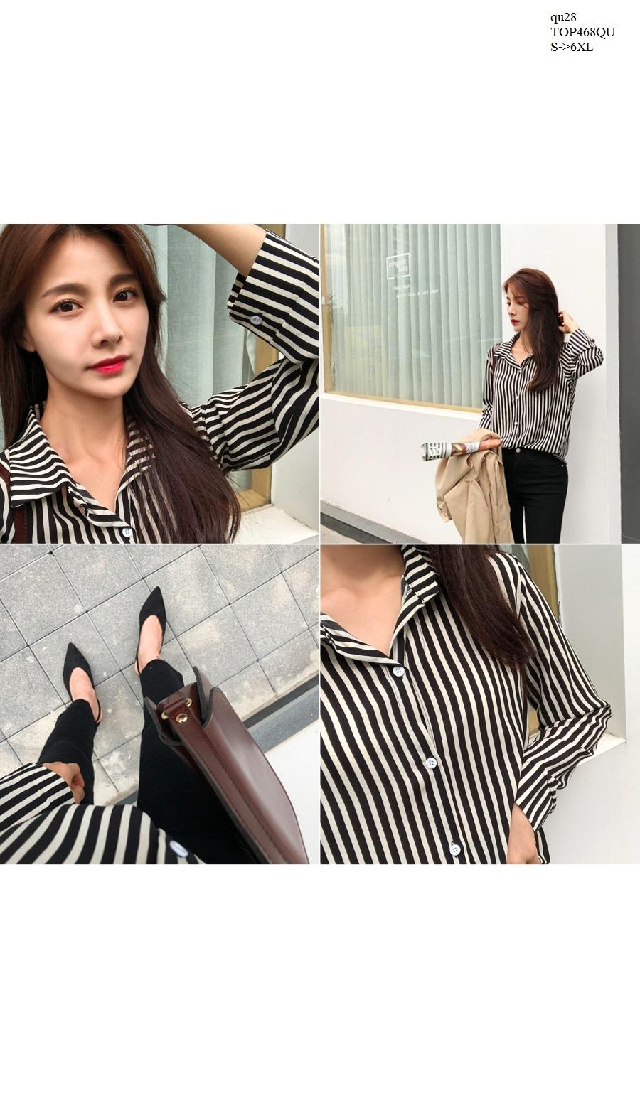 TOP468QU ÁO SƠ MI NỮ KẺ SỌC DÀI TAY