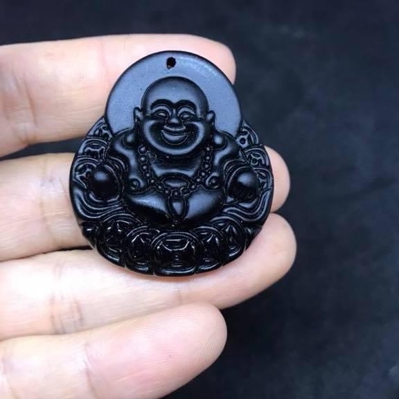 Mặt dây chuyền phật di lặc đá obsidian đen- tặng kèm khuyên