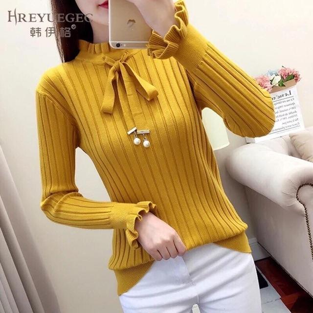 Áo len bánh bèo nơ ngọc cao cấp