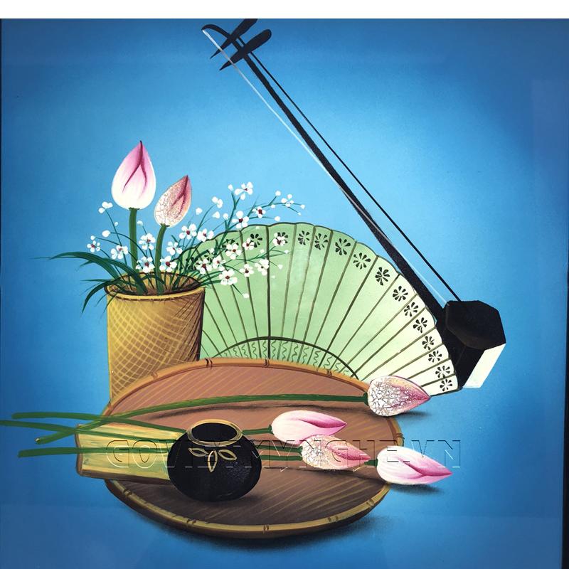 Tranh Sơn Mài Tĩnh Vật - Hoa Sen & Đàn Nhị - 40x40cm