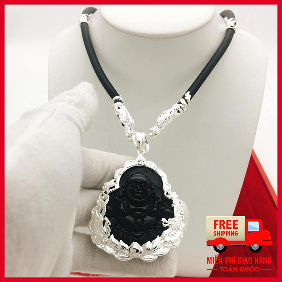 Dây chuyền nam trang sức bạc Thái cao cấp mặt Phật Di Lạc đá thạch anh (đen)