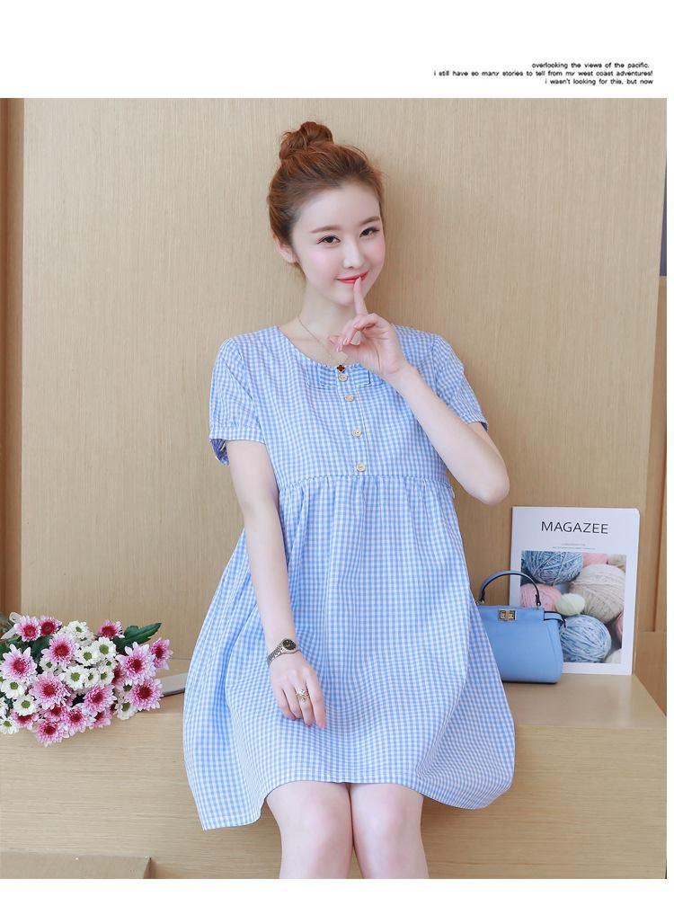 Váy Bầu Kẻ Caro Xanh Nơ Cổ