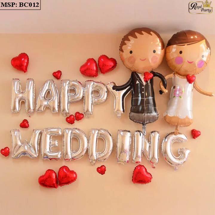 Set chữ HAPPY WEDDING mừng ngày cưới, phụ kiện thành hôn bong bóng kiếng vàng bạc hồng đỏ
