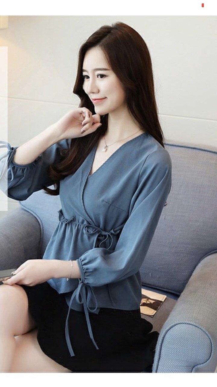 Sơ mi von cổ tim, tay lửng thắt eo đơn giản TTS0039