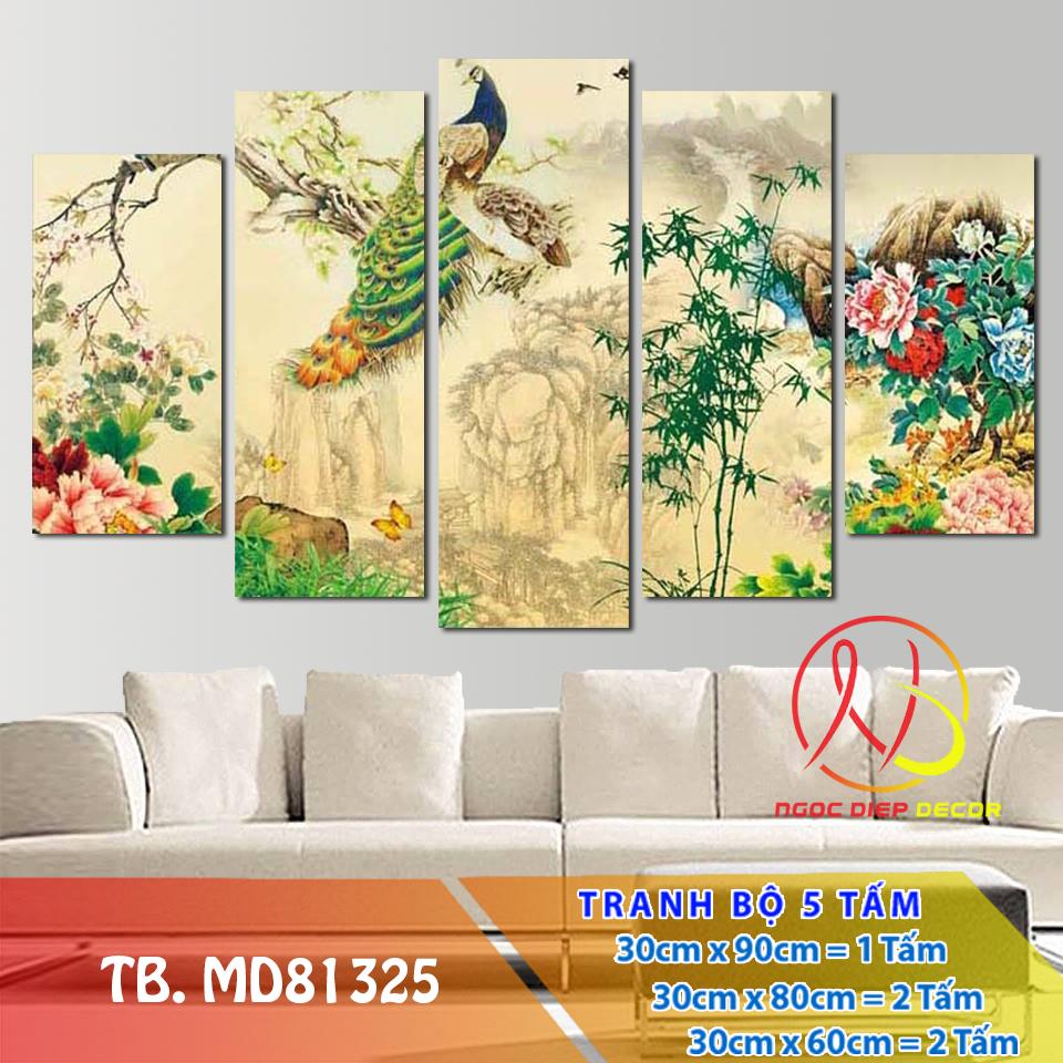 [Sale] Tranh gỗ treo tường Chim công MD81325- Tranh đồng hồ 3D [5 tấm rộng 1,5m cao 0,9m] SuperDecor