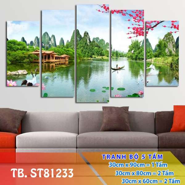 [Sale] Tranh ghép bộ treo tường Thác nước sơn thủy ST81233- Tranh treo phòng ngủ 3D [5 tấm rộng 1,5m cao 0,9m] SuperDecor