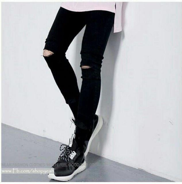 QUẦN JEAN NAM đen CẮT RÁCH GỐI B554