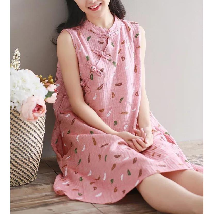 Đầm bầu công sở cổ tàu in lá