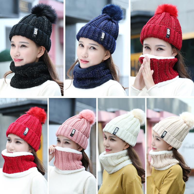 Set mũ len và khăn quàng cổ lót lông cao cấp