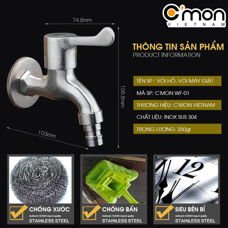 Vòi hồ, vòi xả, vòi máy giặt inox sus 304 c'mon wf-01
