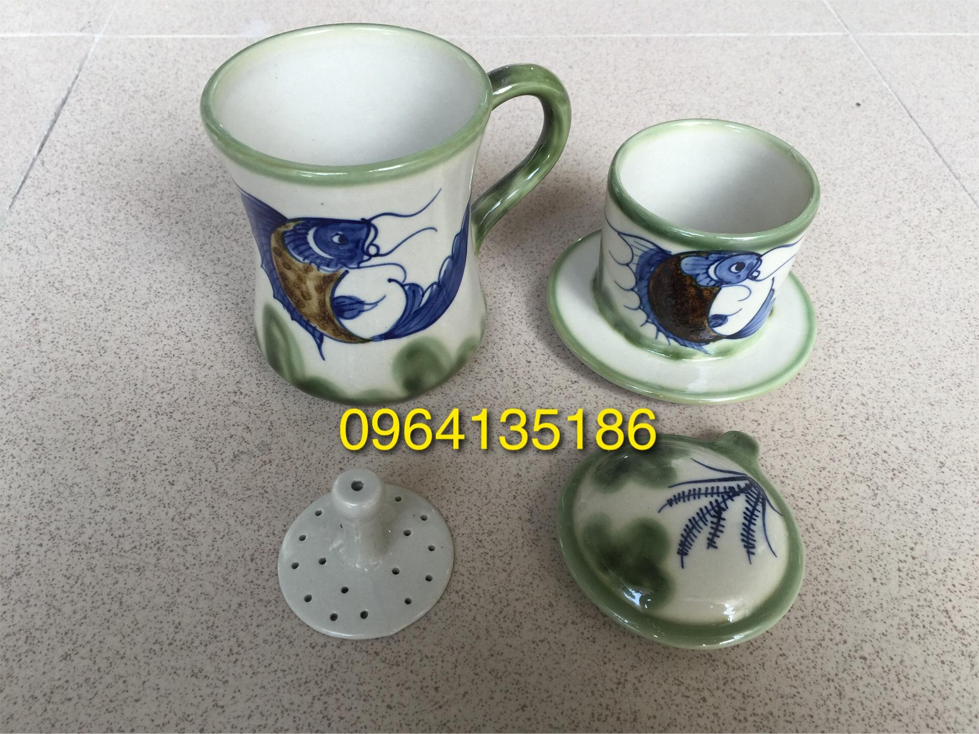 Phin pha cà phê cao men đồng vẽ cá cổ gốm sứ Bát Tràng