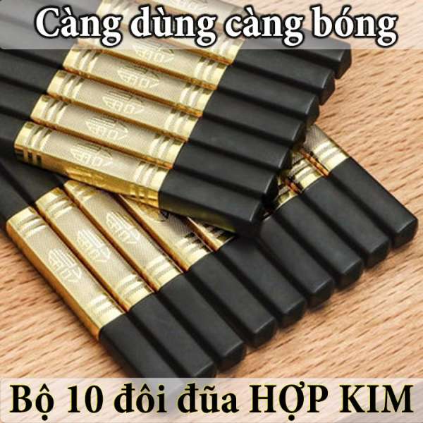 Bộ 10 đôi đũa mạ hợp kim cao cấp.Chống thấm mốc, cong vênh,chống trơn trượt, càng dùng càng bóng đẹp. Thích hợp làm quà tặng về nhà mới, làm mâm cơm trở nên sang trọng