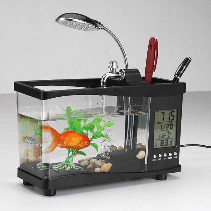 Bể cá mini kiêm đồng hồ để bàn sang trọng_(Màu đen)