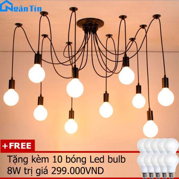 Bộ 10 dây đèn thả trần kiểu nhện trang trí nhà quán cà phê THCN136 (Tặng kèm 10 bóng Led Bulb 8W)