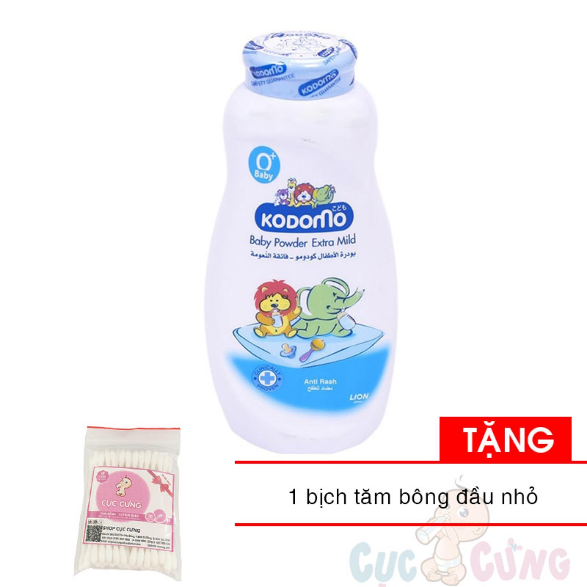 Phấn ngừa rôm sẩy Kodomo 200g -  Extra Mild (xanh) TẶNG 1 gói tăm bông đầu nhỏ