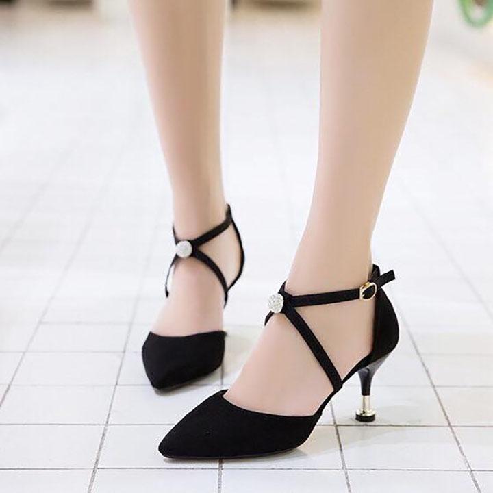 Giày cao gót nhọn 7p bít mũi nhung chéo hột châu - BM47 kèm ảnh thật