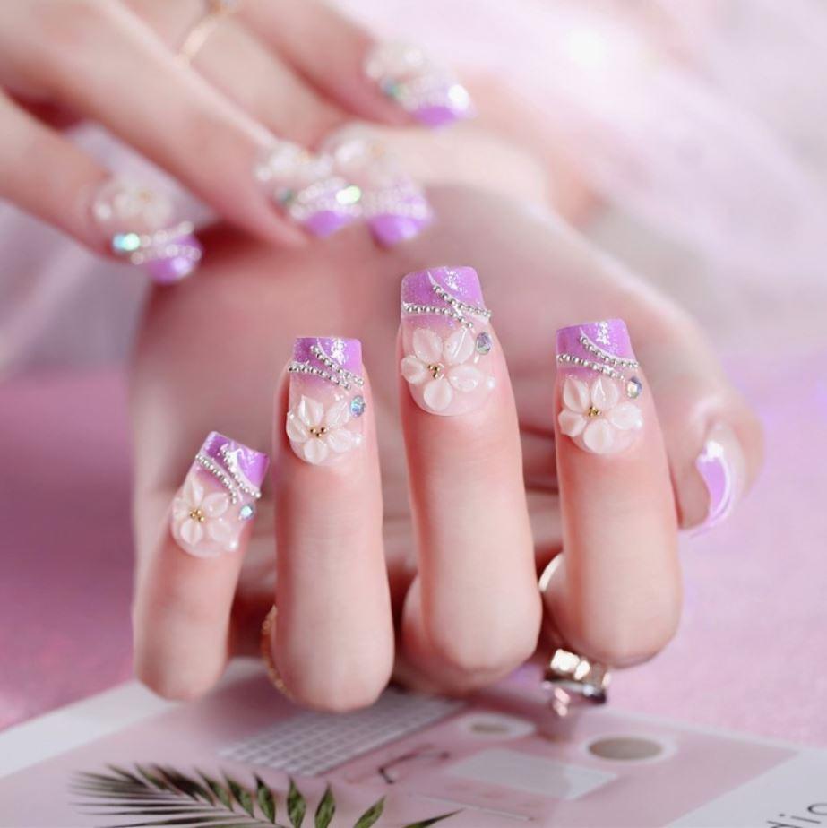 Bộ 24 móng tay giả tím đính đá (keo sẵn)