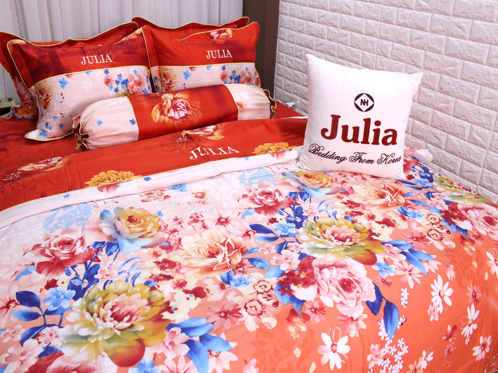 Bộ chăn ga gối 100% cotton satin in hoa Hàn Quốc Julia J4 (bộ 5 món có vỏ chăn)