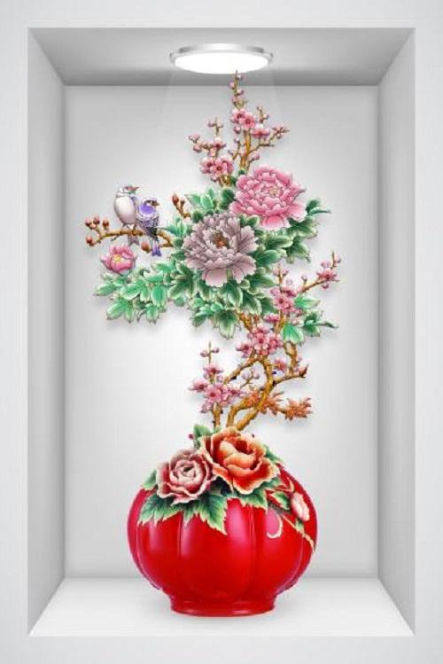 Tranh dán tường ô 3d bình hoa mẫu đơn lohoadon_010 100 x 150 cm kim sa
