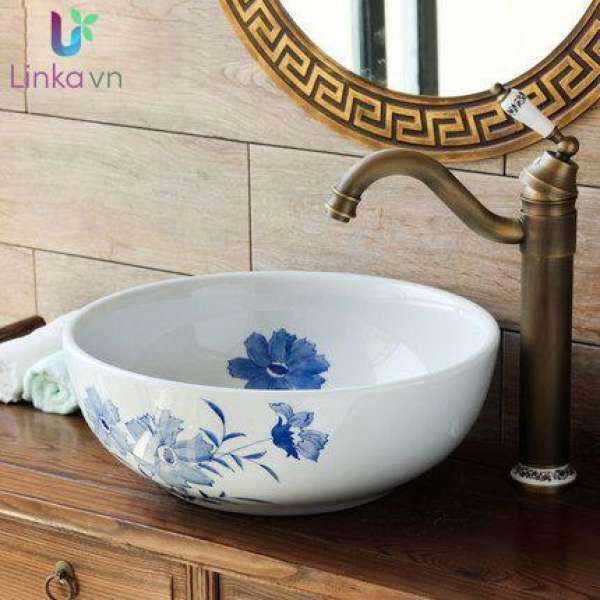 Chậu rửa lavabo gốm sứ cao cấp LAV0046 – Họa tiết hoa xanh mềm mại nhẹ nhàng