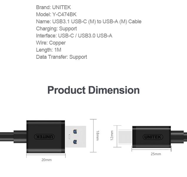 CÁP SẠC TYPE C RA USB 3.0 UNITEK YC474BK