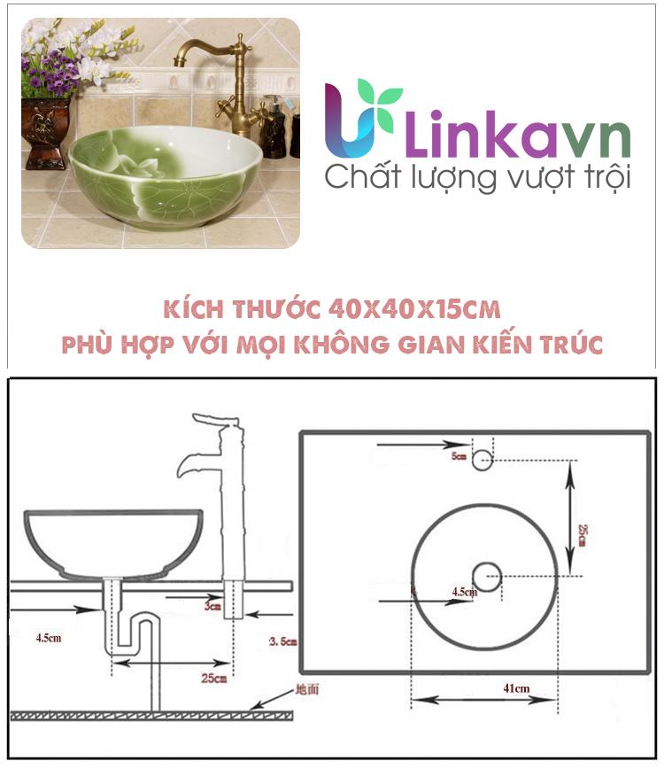 Chậu rửa lavabo gốm sứ nghệ thuật – Họa tiết sen xanh dịu mát