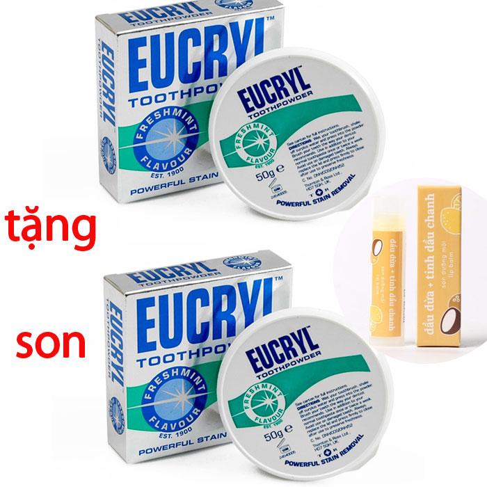 Bộ 2 hộp bột tẩy trắng răng eucryl 50g từ anh quốc tặng son môi lip balm