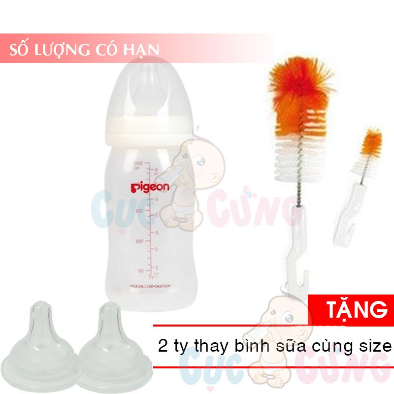 Bình sữa nhựa cổ rộng Pigeon PP 240ml + 1 cọ rửa bình sữa Tặng 2 ty thay binh sua cùng size