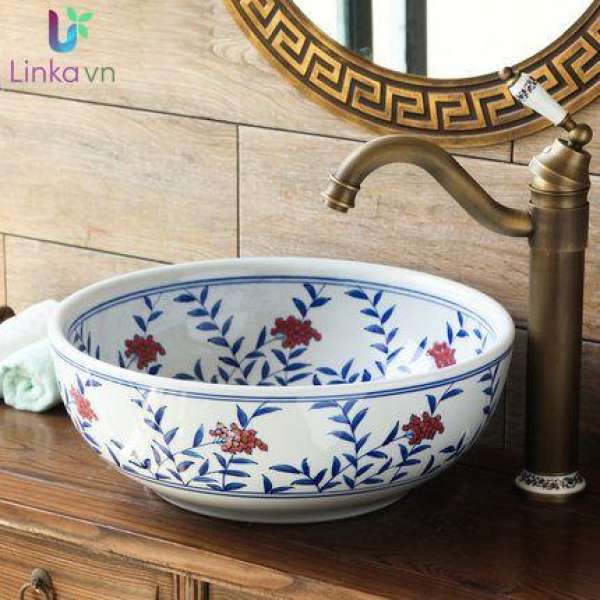 Chậu rửa lavabo gốm sứ nghệ thuật LAV0045 – Họa tiết hoa lựu nhã nhặn