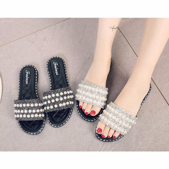 Dép nữ đính đá ngọc trai (Đen)