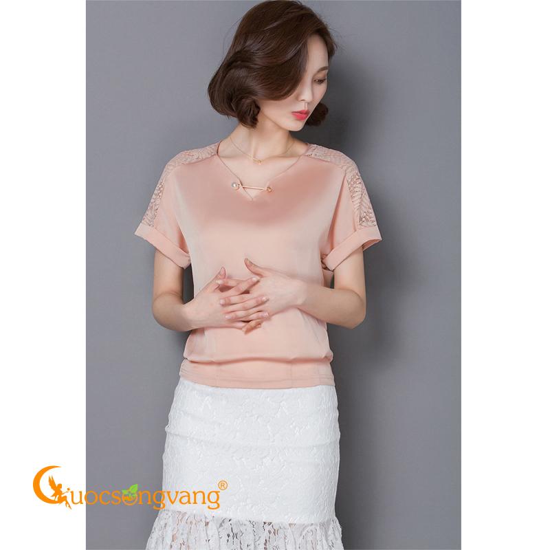 Áo lụa nữ gấu thun cổ v ngắn tay phối ren Queenbe GLA113