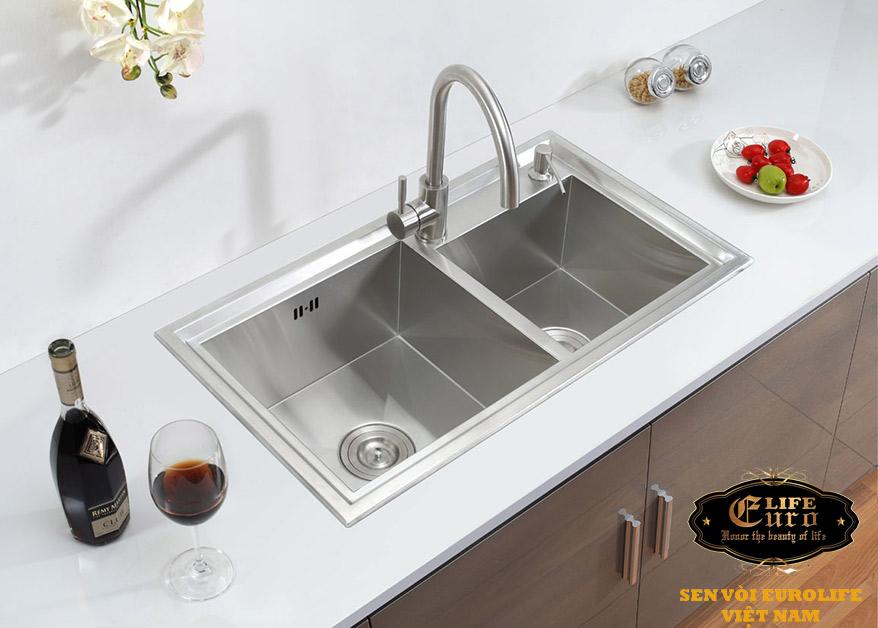 Chậu rửa chén Handmade Inox SUS 304 đúc 2 hốEurolife EL-C1 (Trắng bạc)