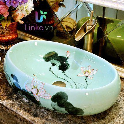 Chậu rửa lavabo gốm sứ cao cấp LAV0053 – Họa tiết vườn sen nghệ thuật