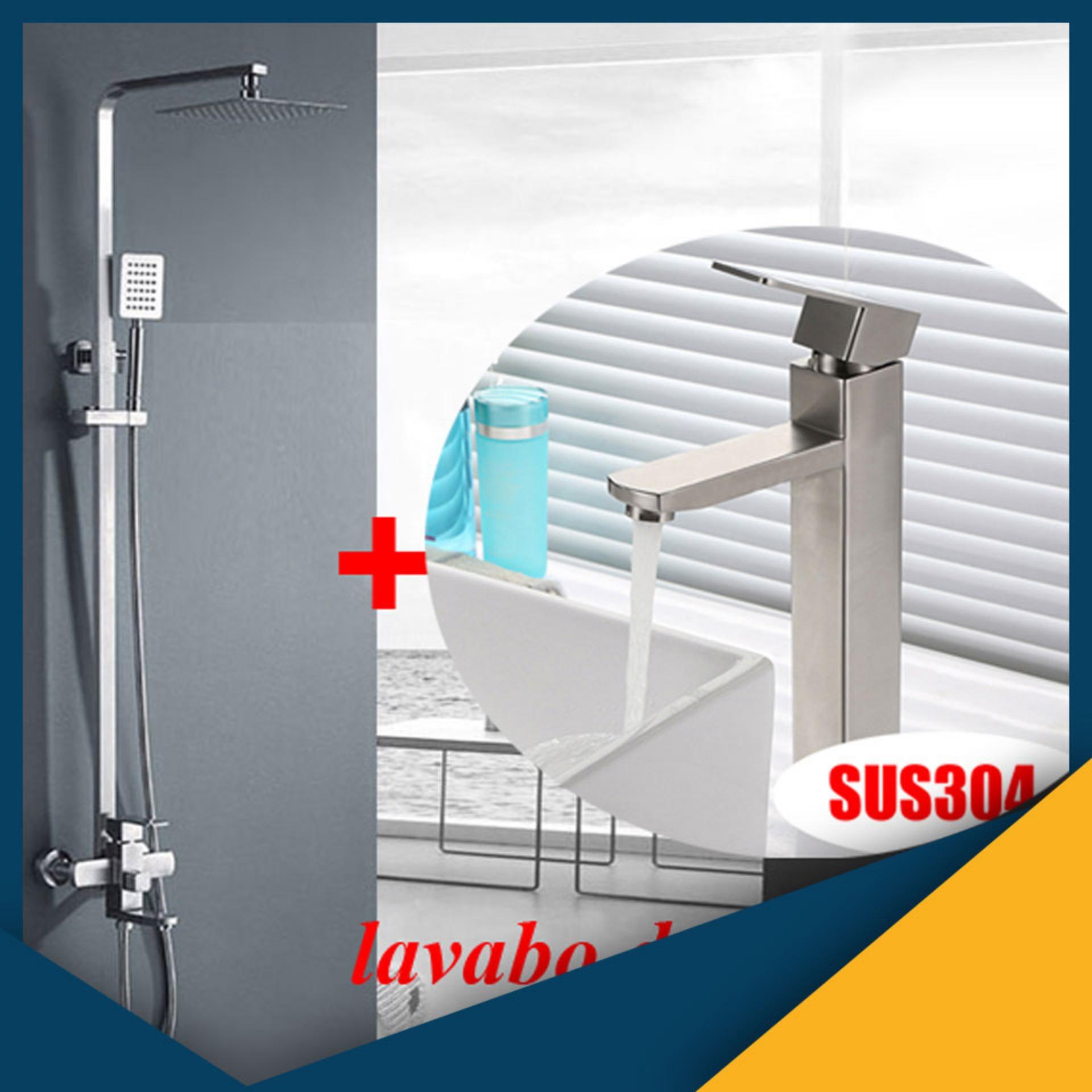 Bộ sen cây tắm nóng lạnh Inox SUS304 vuông 3001 + Lavabo 5014