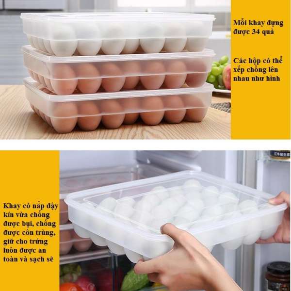 Khay đựng trứng 34 quả trong tủ lạnh có nắp, được cấu tạo bằng chất liệu nhựa cao cấp dày dặn mang thương hiệu shopaha247