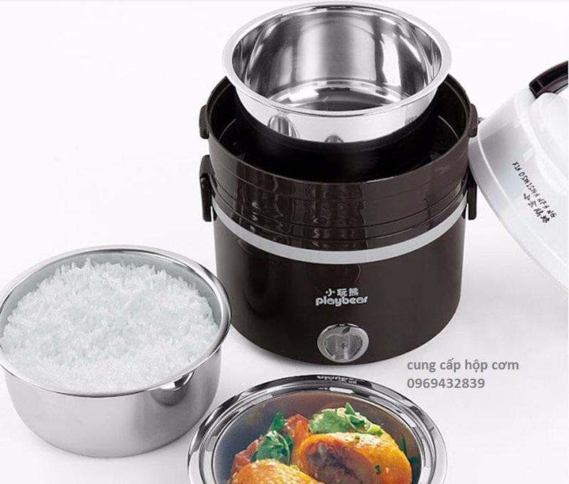 Hộp cơm cắm điện 3 tầng inox Playbear 2019