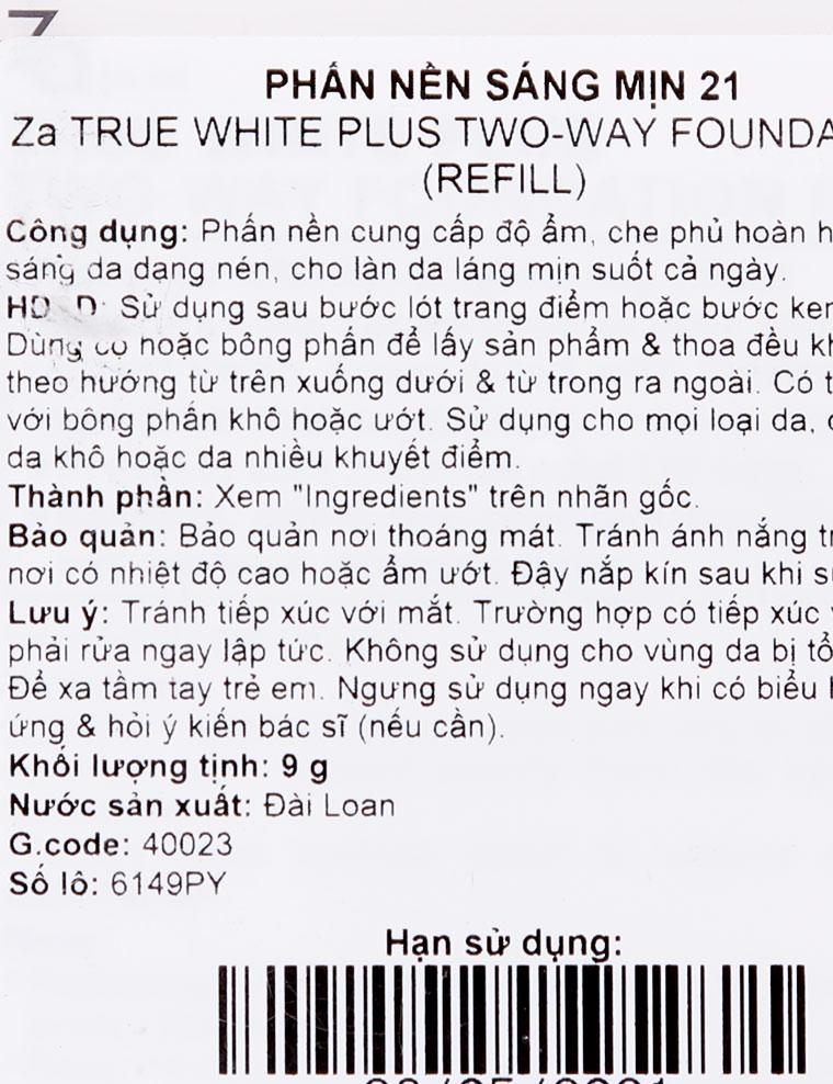 Phấn Nền ZA True White Plus Two-Way #21 Refill