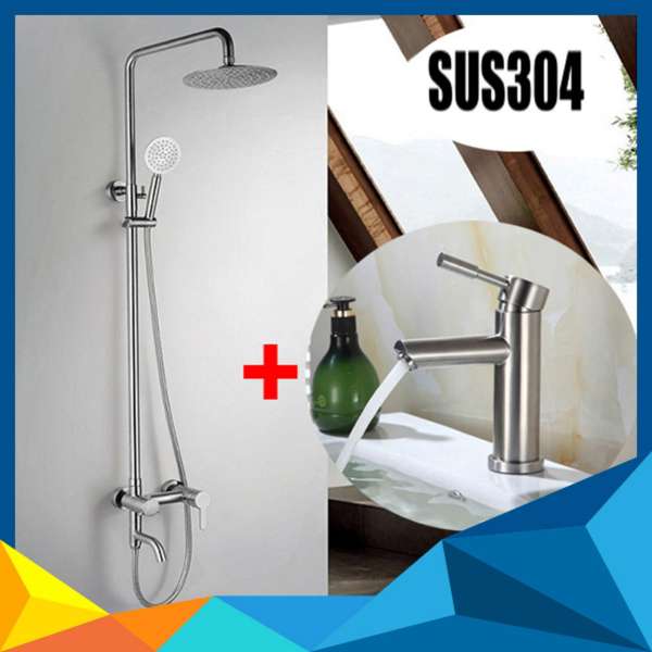 Bộ sen cây tắm nóng lạnh Inox SUS304 tròn ngang 3011+ Lavabo 5007