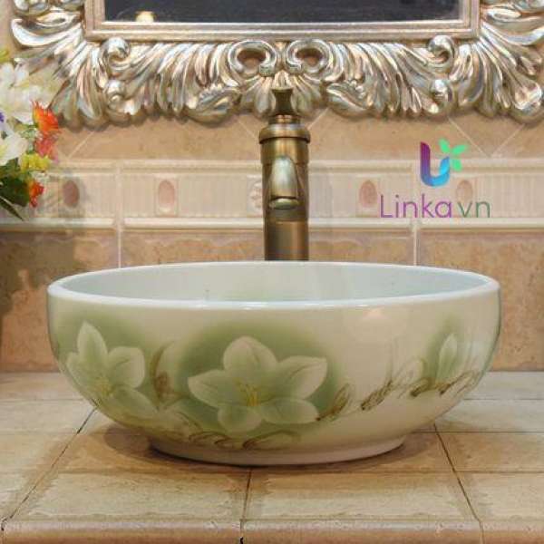 Chậu rửa lavabo gốm sứ nghệ thuật LAV0047 – Họa tiết hoa mộc lan trang nhã