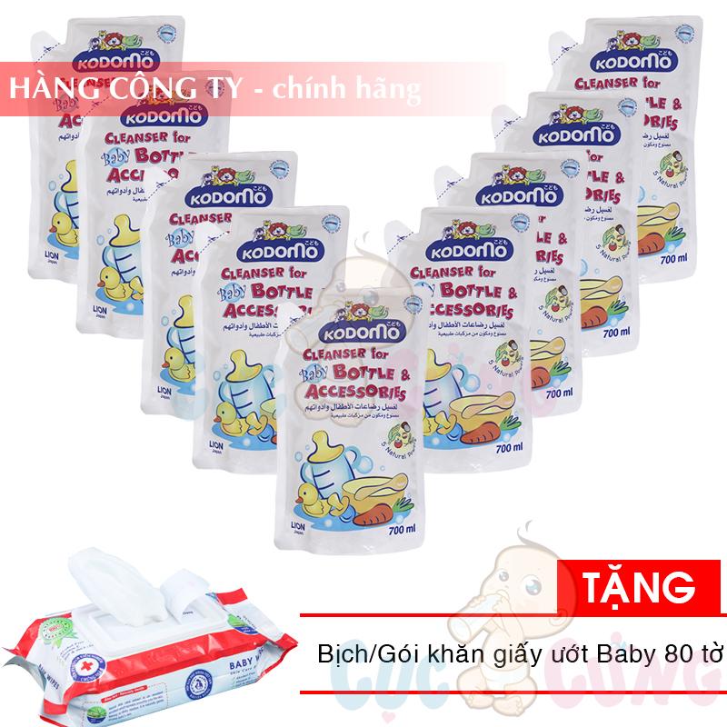 Bộ 9 bịch nước rửa bình sữa kodomo 700ml - thái lan tặng 1 bịch khăn ướt 80 tờ