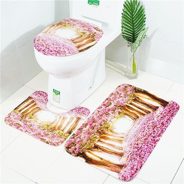 3Pcs Soft Tree Flower Print Bathroom Toilet Rug Mildew Proof Non-slip Bath Mat U-Shaped Toilet Mat Toilet Lid Cover for Men Women Kids Bathroom Accessories