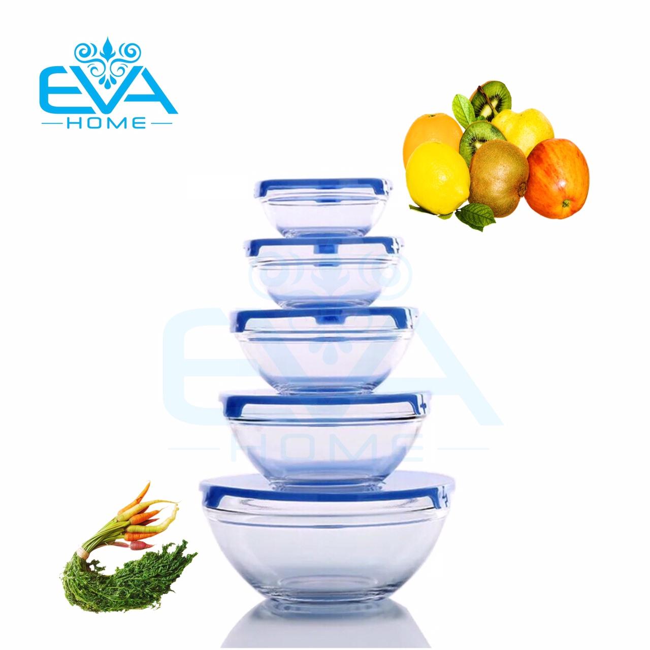 Bộ 5 thố thủy tinh nắp nhựa cao cấp - màu ngẫu nhiên