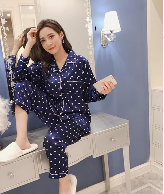 [HCM]Bộ Đồ Mặc Nhà Pijama Phi Lụa Họa Tiết Chấm Bi CDANP15